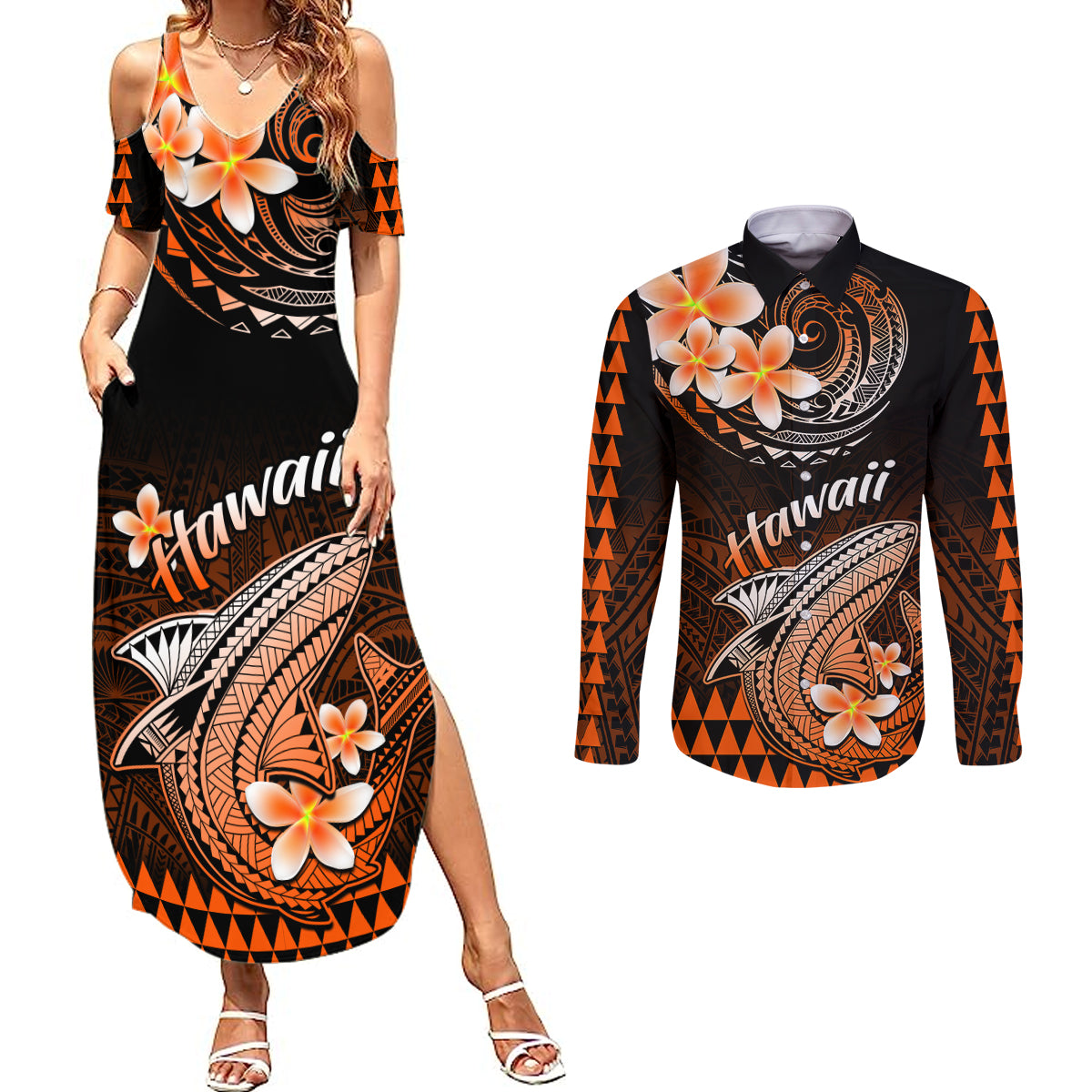 Hawaii Couples Matching Summer Maxi Dress and Long Sleeve Button Shirts Polynesian Shark with Kakau Orange Version LT01 Orange - Polynesian Pride