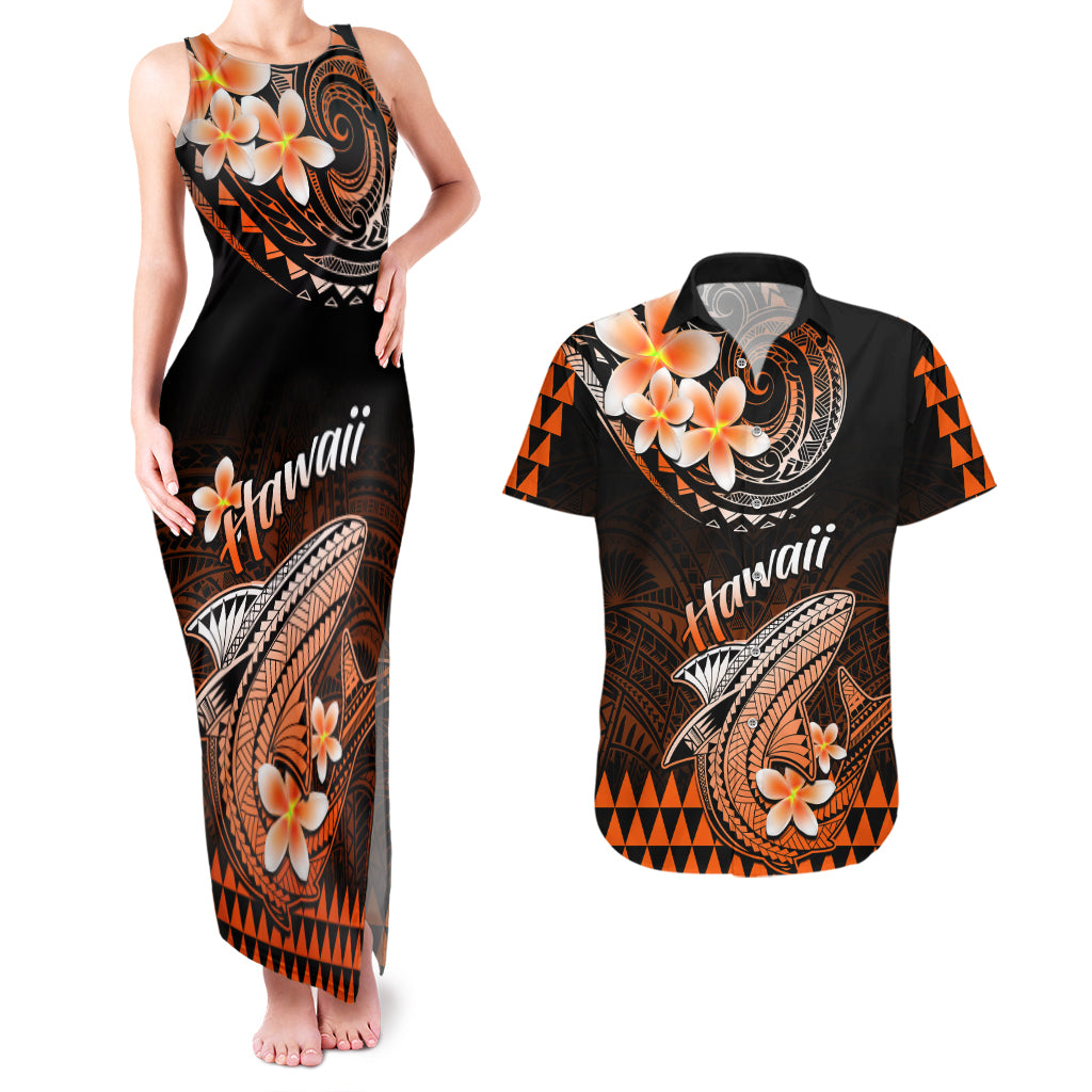 Hawaii Couples Matching Tank Maxi Dress and Hawaiian Shirt Polynesian Shark with Kakau Orange Version LT01 Orange - Polynesian Pride