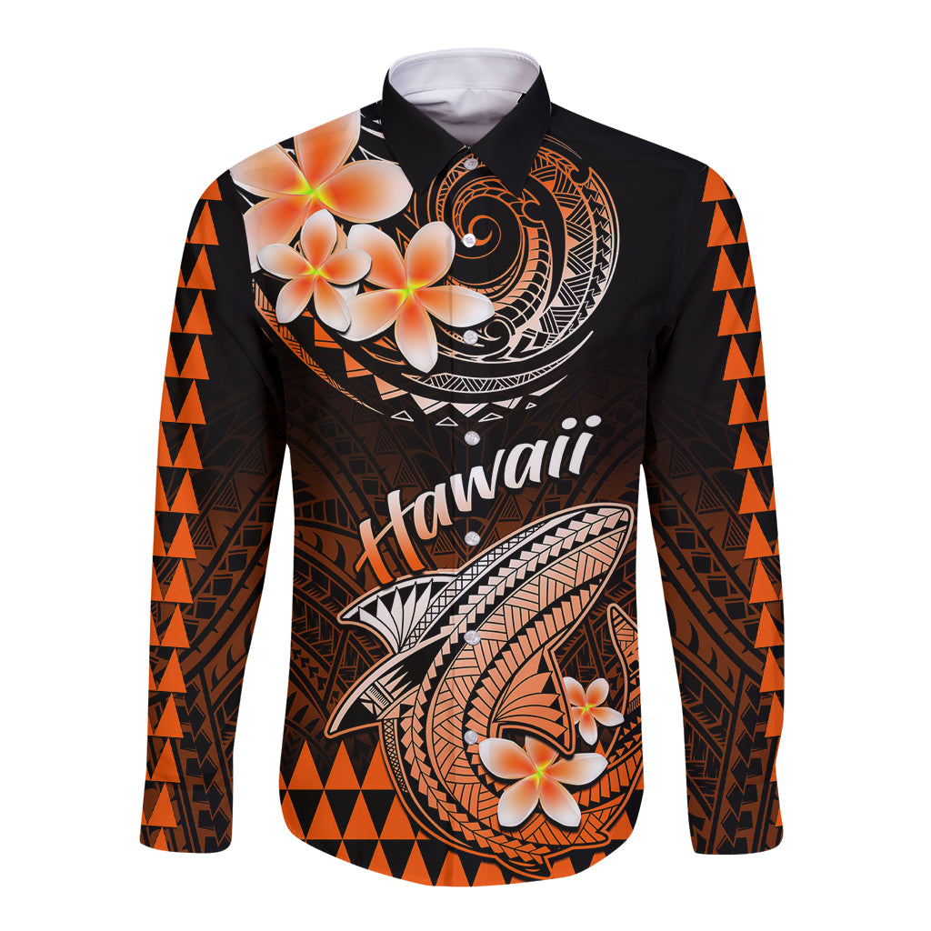 Hawaii Long Sleeve Button Shirt Polynesian Shark with Kakau Orange Version LT01 Unisex Orange - Polynesian Pride