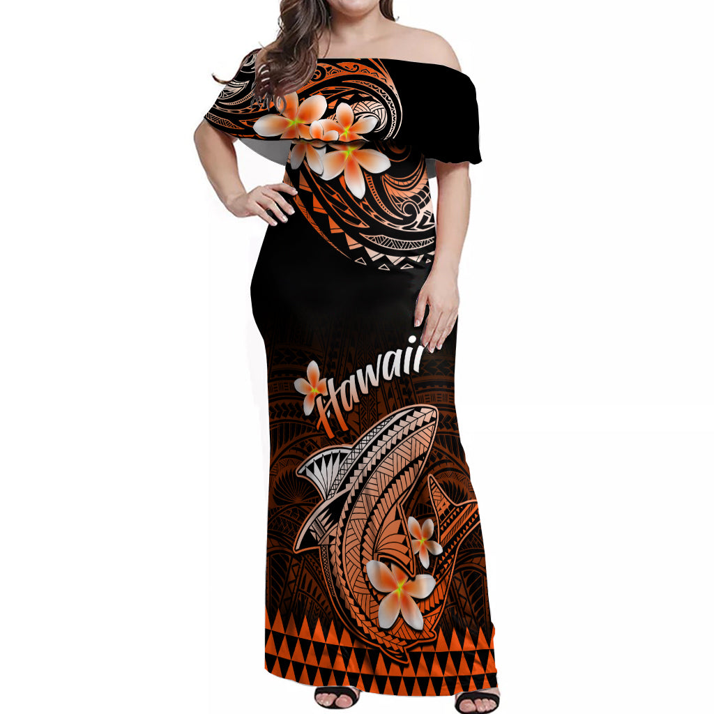 Hawaii Off Shoulder Maxi Dress Polynesian Shark with Kakau Orange Version LT01 Women Orange - Polynesian Pride