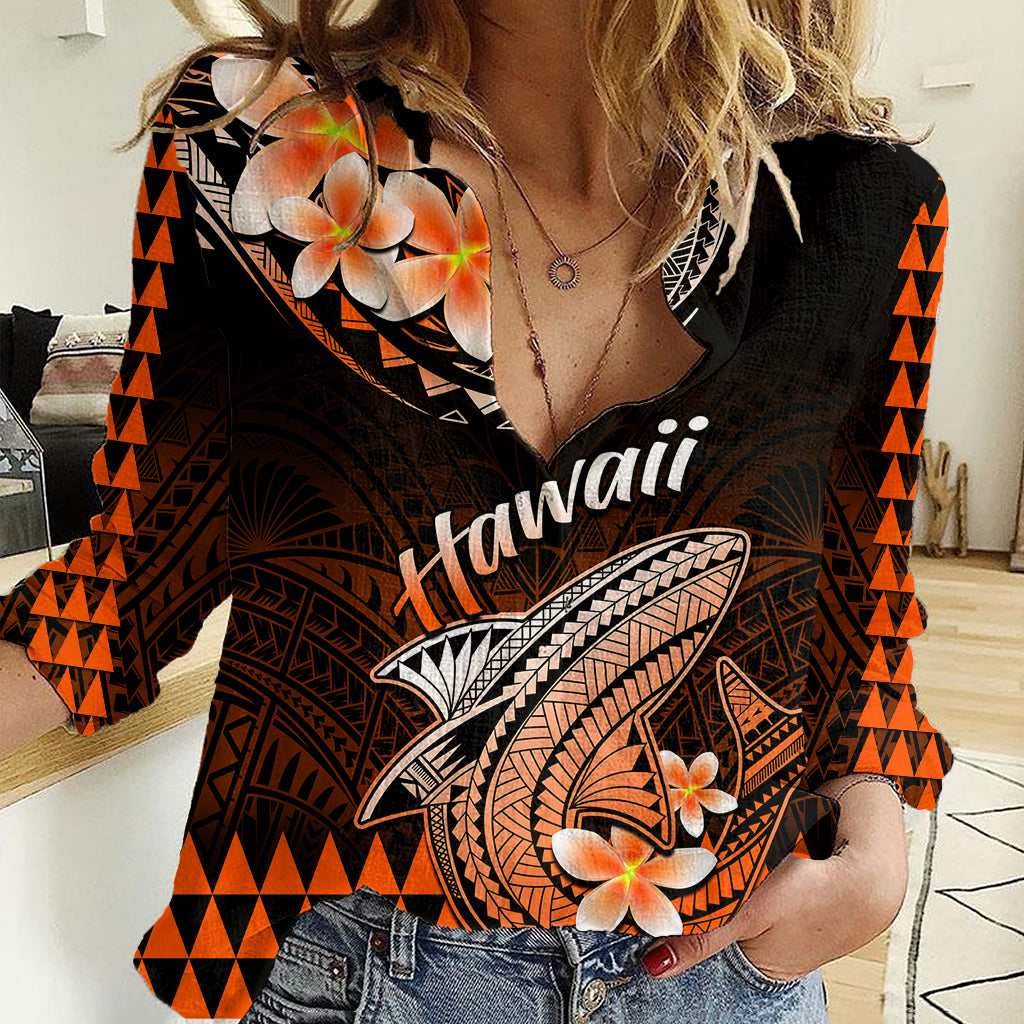 Hawaii Women Casual Shirt Polynesian Shark with Kakau Orange Version LT01 Female Orange - Polynesian Pride