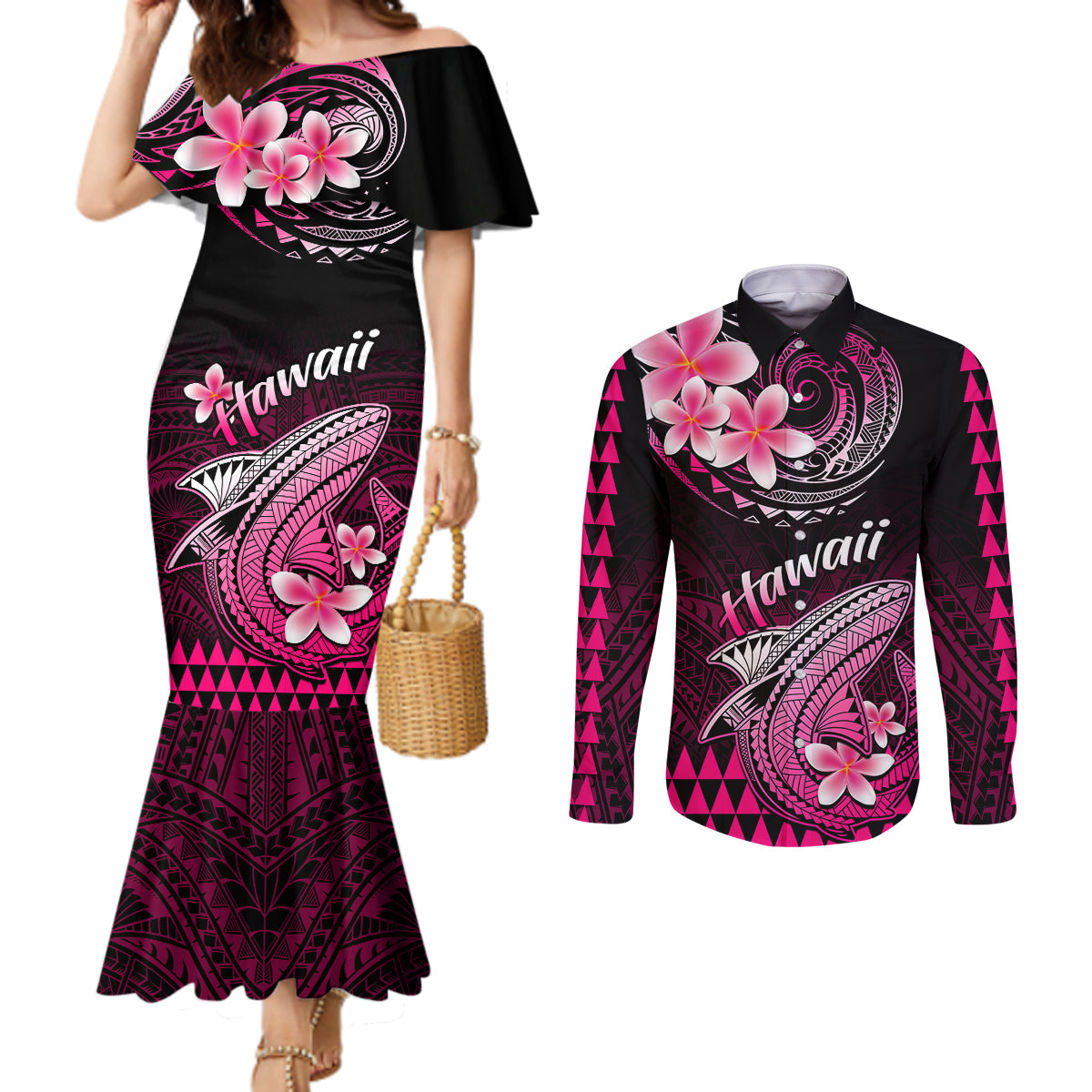 Hawaii Couples Matching Mermaid Dress and Long Sleeve Button Shirts Polynesian Shark with Kakau Pink Version LT01 Pink - Polynesian Pride