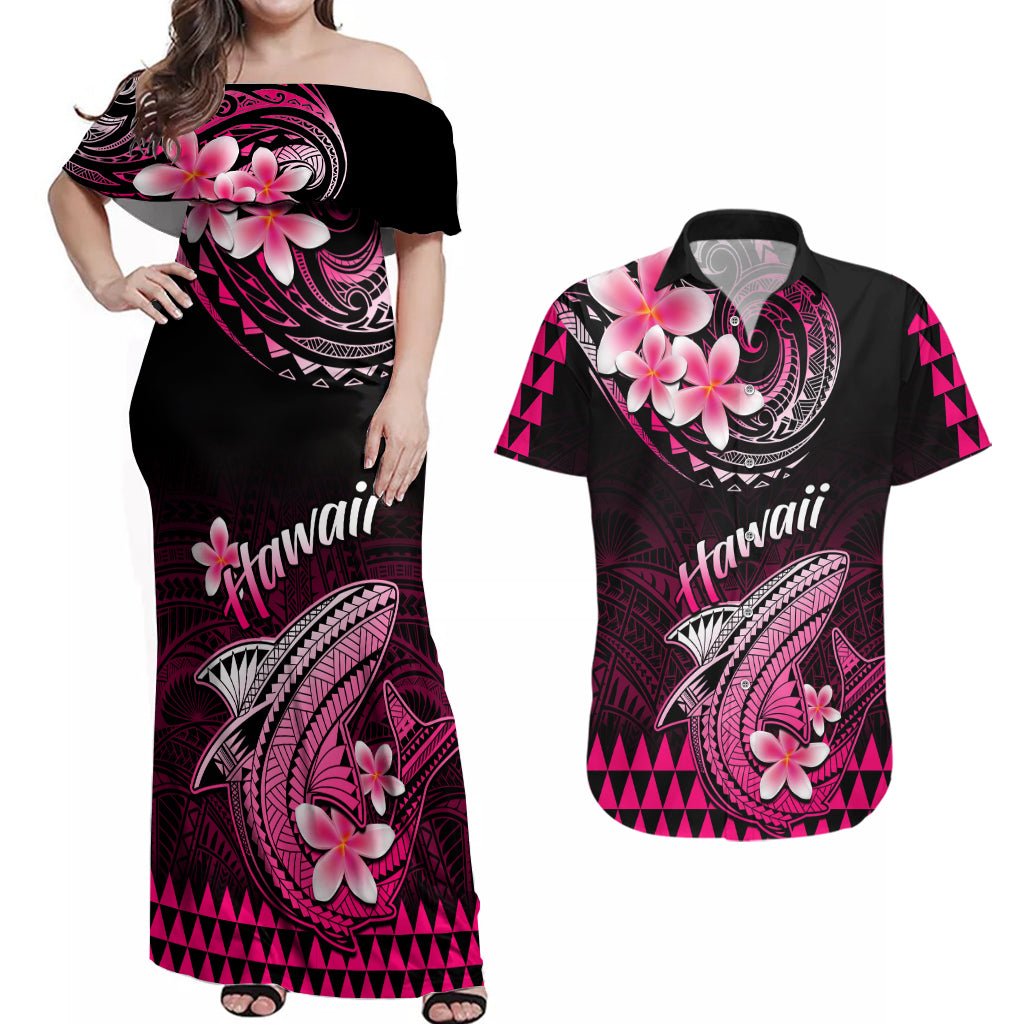 Hawaii Couples Matching Off Shoulder Maxi Dress and Hawaiian Shirt Polynesian Shark with Kakau Pink Version LT01 Pink - Polynesian Pride