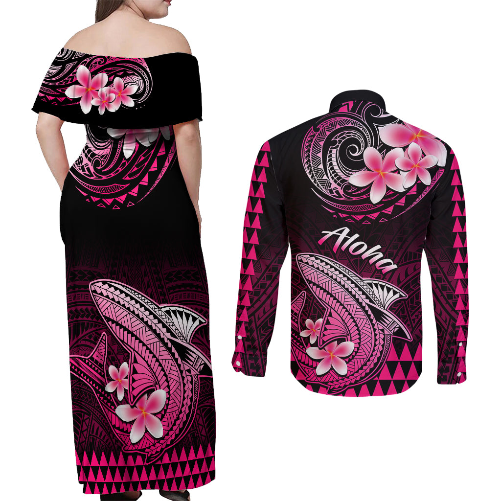 Hawaii Couples Matching Off Shoulder Maxi Dress and Long Sleeve Button Shirts Polynesian Shark with Kakau Pink Version LT01 - Polynesian Pride