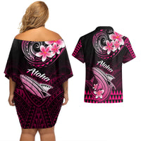 Hawaii Couples Matching Off Shoulder Short Dress and Hawaiian Shirt Polynesian Shark with Kakau Pink Version LT01 - Polynesian Pride