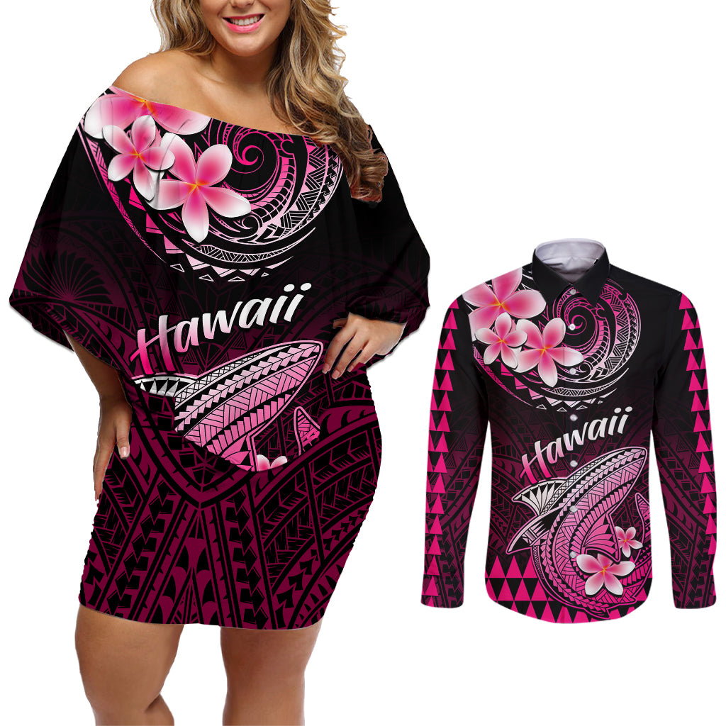 Hawaii Couples Matching Off Shoulder Short Dress and Long Sleeve Button Shirts Polynesian Shark with Kakau Pink Version LT01 Pink - Polynesian Pride