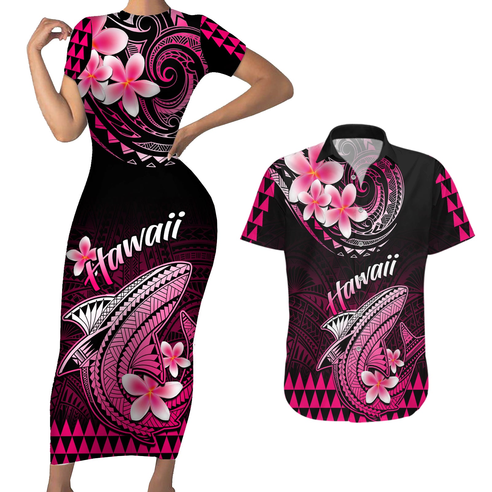 Hawaii Couples Matching Short Sleeve Bodycon Dress and Hawaiian Shirt Polynesian Shark with Kakau Pink Version LT01 Pink - Polynesian Pride