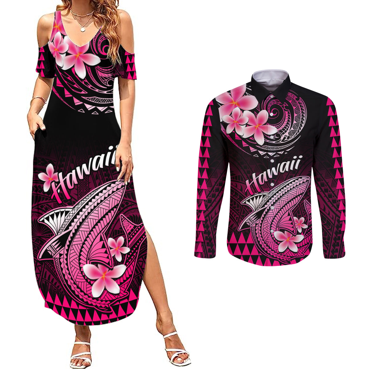 Hawaii Couples Matching Summer Maxi Dress and Long Sleeve Button Shirts Polynesian Shark with Kakau Pink Version LT01 Pink - Polynesian Pride