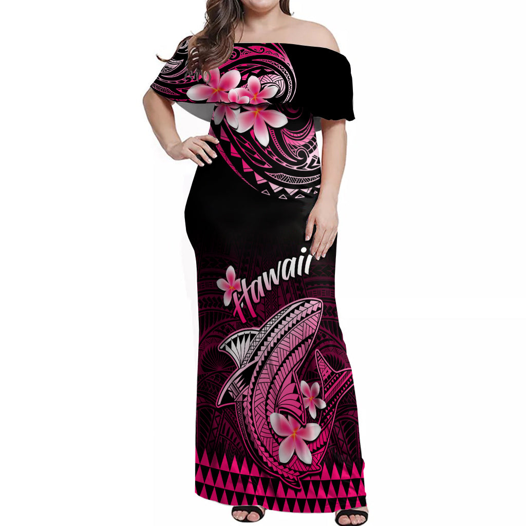 Hawaii Off Shoulder Maxi Dress Polynesian Shark with Kakau Pink Version LT01 Women Pink - Polynesian Pride