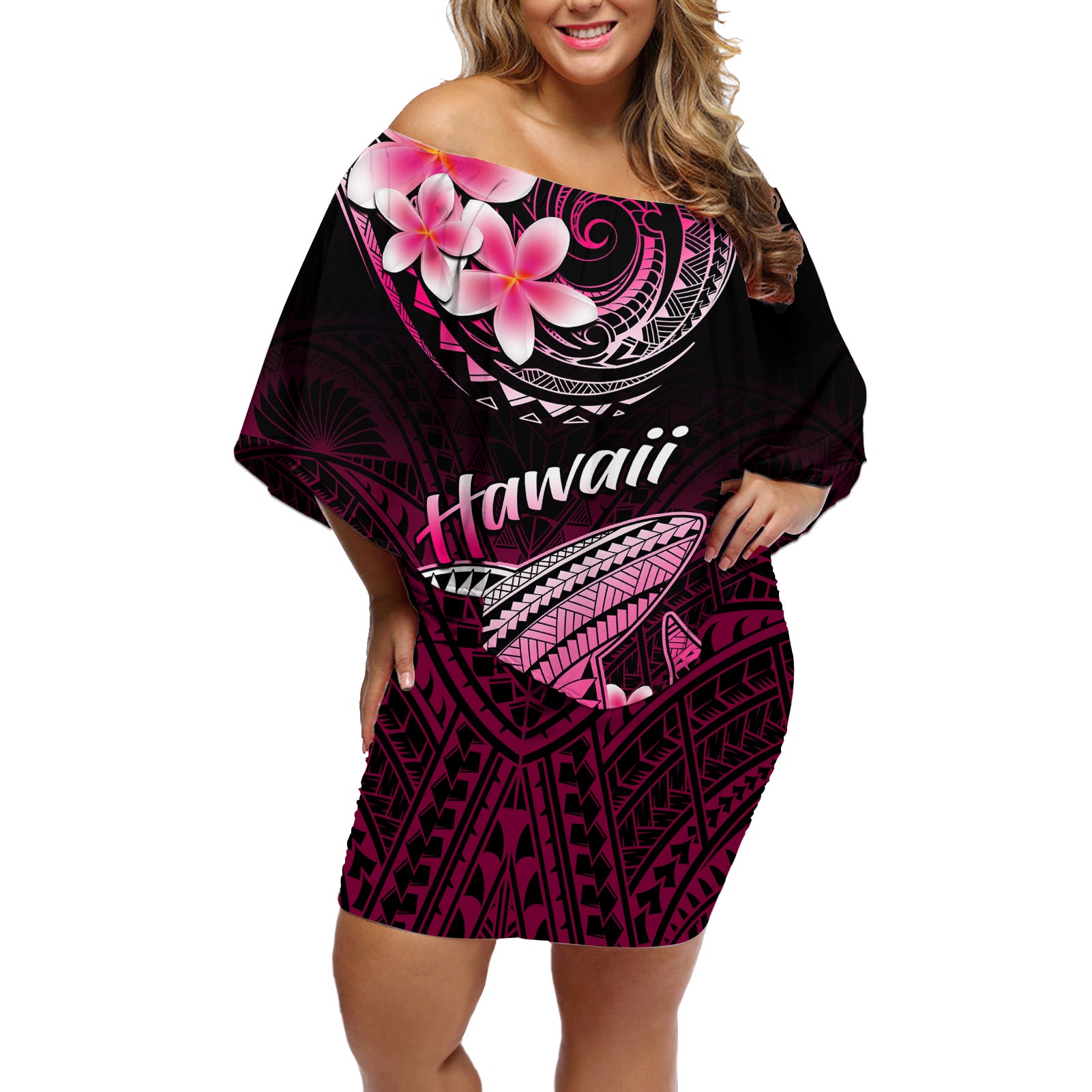 Hawaii Off Shoulder Short Dress Polynesian Shark with Kakau Pink Version LT01 Women Pink - Polynesian Pride