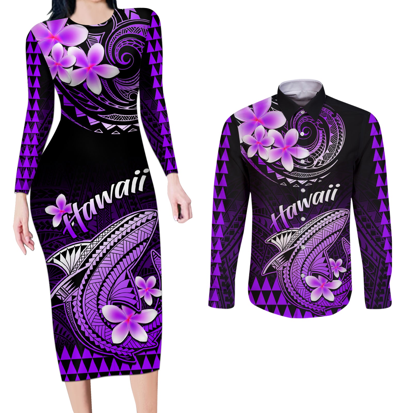 Hawaii Couples Matching Long Sleeve Bodycon Dress and Long Sleeve Button Shirts Polynesian Shark with Kakau Purple Version LT01 Purple - Polynesian Pride