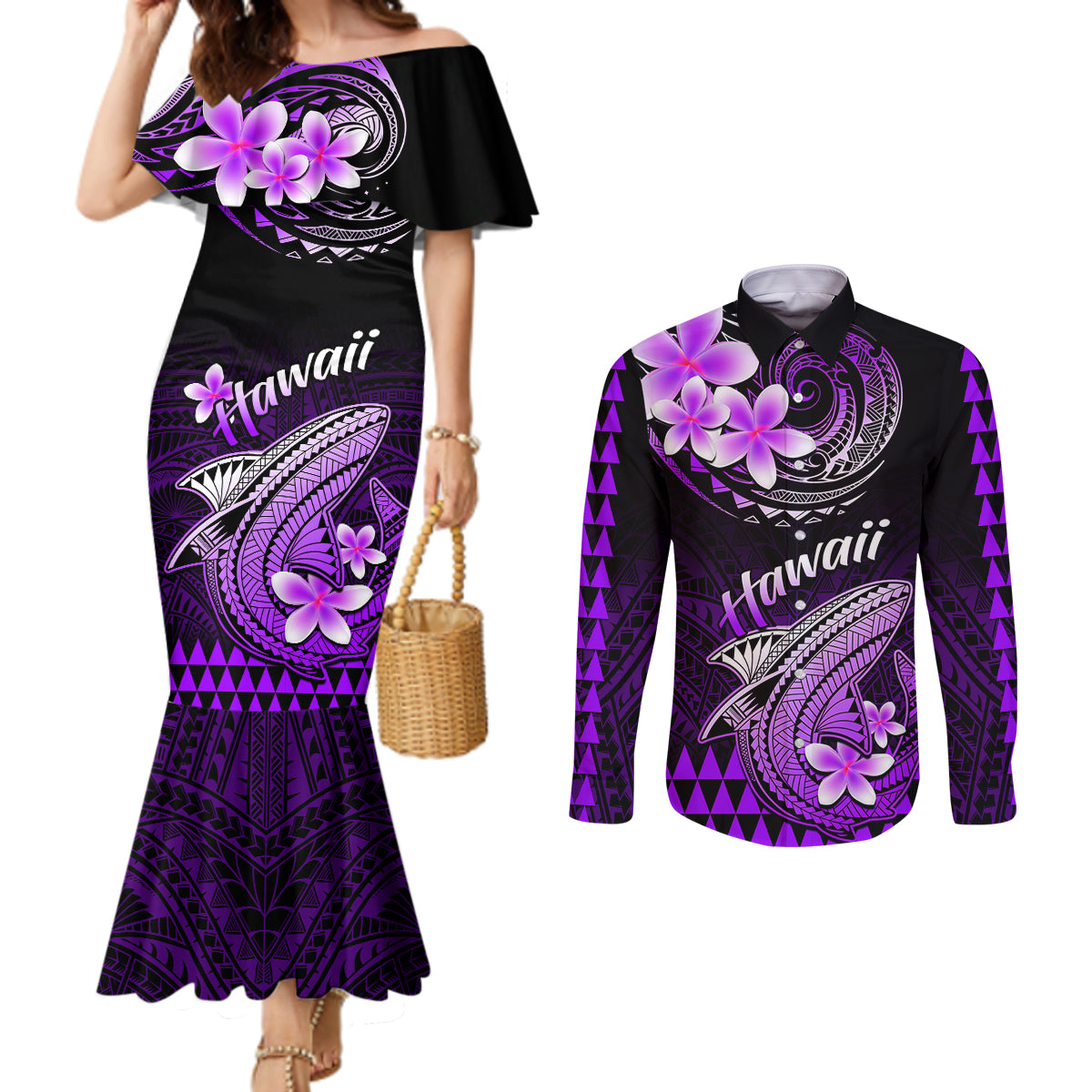 Hawaii Couples Matching Mermaid Dress and Long Sleeve Button Shirts Polynesian Shark with Kakau Purple Version LT01 Purple - Polynesian Pride