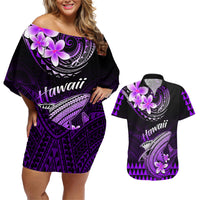 Hawaii Couples Matching Off Shoulder Short Dress and Hawaiian Shirt Polynesian Shark with Kakau Purple Version LT01 Purple - Polynesian Pride