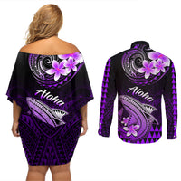 Hawaii Couples Matching Off Shoulder Short Dress and Long Sleeve Button Shirts Polynesian Shark with Kakau Purple Version LT01 - Polynesian Pride