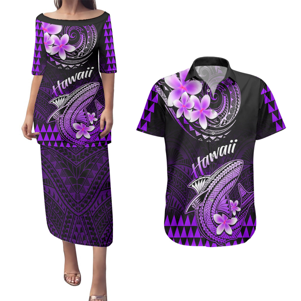 Hawaii Couples Matching Puletasi Dress and Hawaiian Shirt Polynesian Shark with Kakau Purple Version LT01 Purple - Polynesian Pride