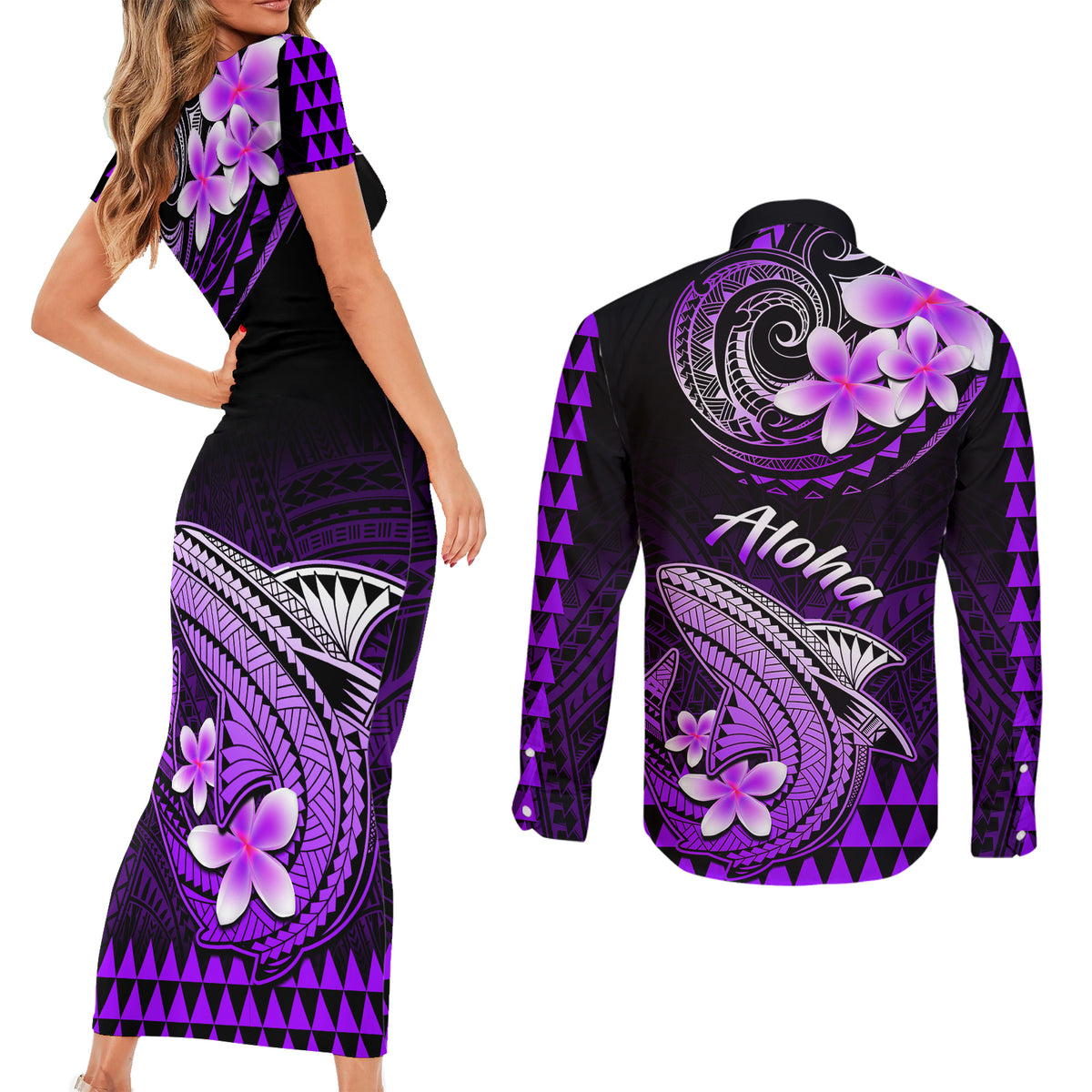 Hawaii Couples Matching Short Sleeve Bodycon Dress and Long Sleeve Button Shirts Polynesian Shark with Kakau Purple Version LT01 - Polynesian Pride