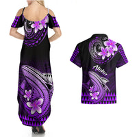Hawaii Couples Matching Summer Maxi Dress and Hawaiian Shirt Polynesian Shark with Kakau Purple Version LT01 - Polynesian Pride