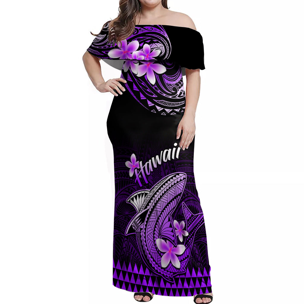 Hawaii Off Shoulder Maxi Dress Polynesian Shark with Kakau Purple Version LT01 Women Purple - Polynesian Pride