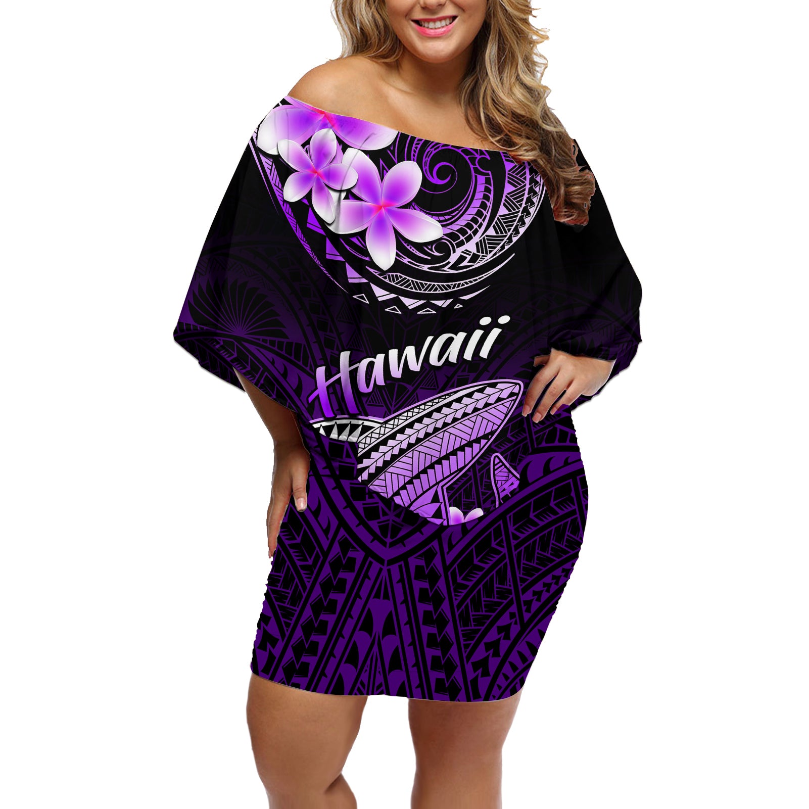 Hawaii Off Shoulder Short Dress Polynesian Shark with Kakau Purple Version LT01 Women Purple - Polynesian Pride