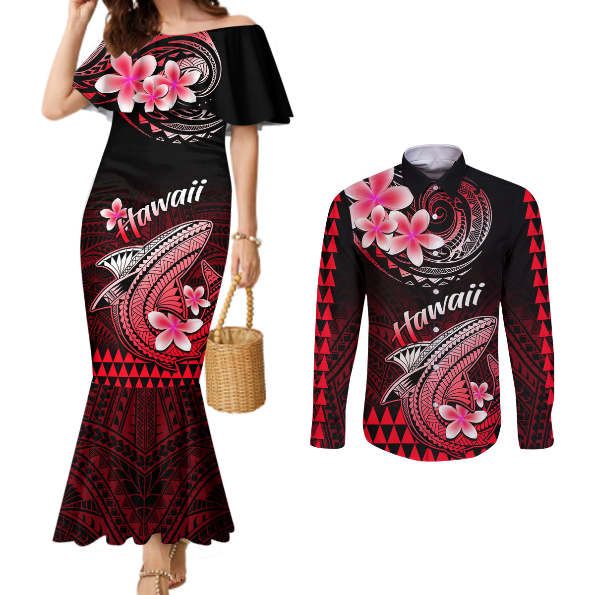 Hawaii Couples Matching Mermaid Dress and Long Sleeve Button Shirts Polynesian Shark with Kakau Red Version LT01 Red - Polynesian Pride