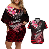 Hawaii Couples Matching Off Shoulder Short Dress and Hawaiian Shirt Polynesian Shark with Kakau Red Version LT01 Red - Polynesian Pride