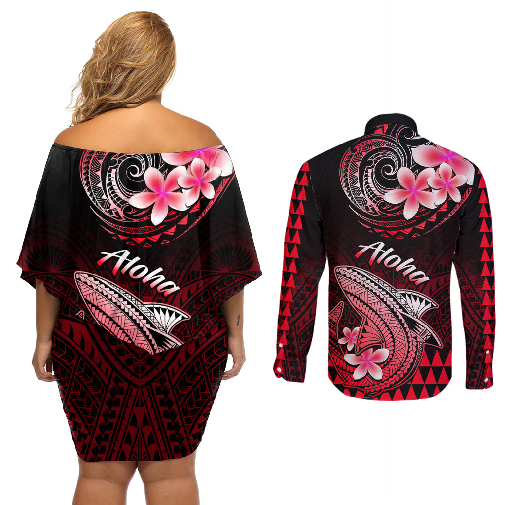 Hawaii Couples Matching Off Shoulder Short Dress and Long Sleeve Button Shirts Polynesian Shark with Kakau Red Version LT01 - Polynesian Pride