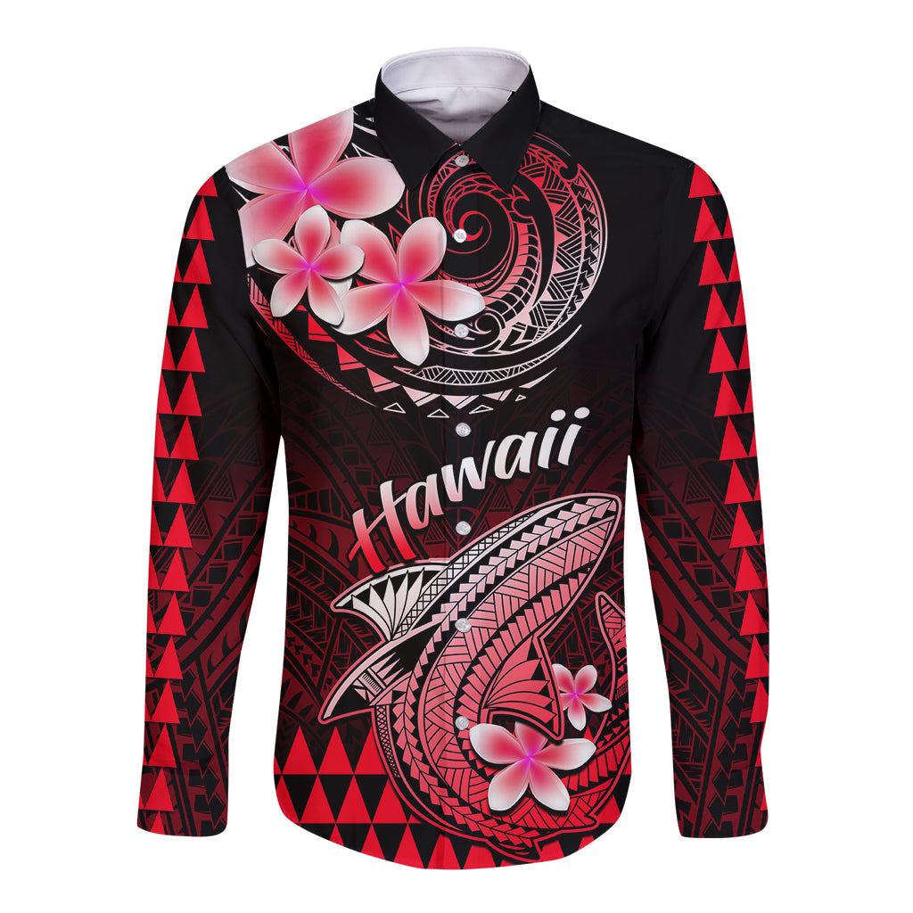 Hawaii Long Sleeve Button Shirt Polynesian Shark with Kakau Red Version LT01 Unisex Red - Polynesian Pride