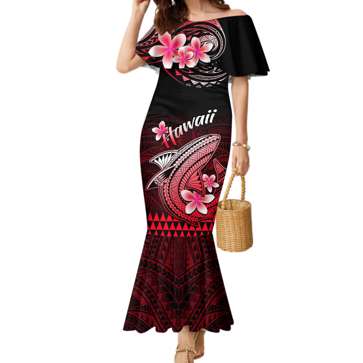 Hawaii Mermaid Dress Polynesian Shark with Kakau Red Version LT01 Women Red - Polynesian Pride