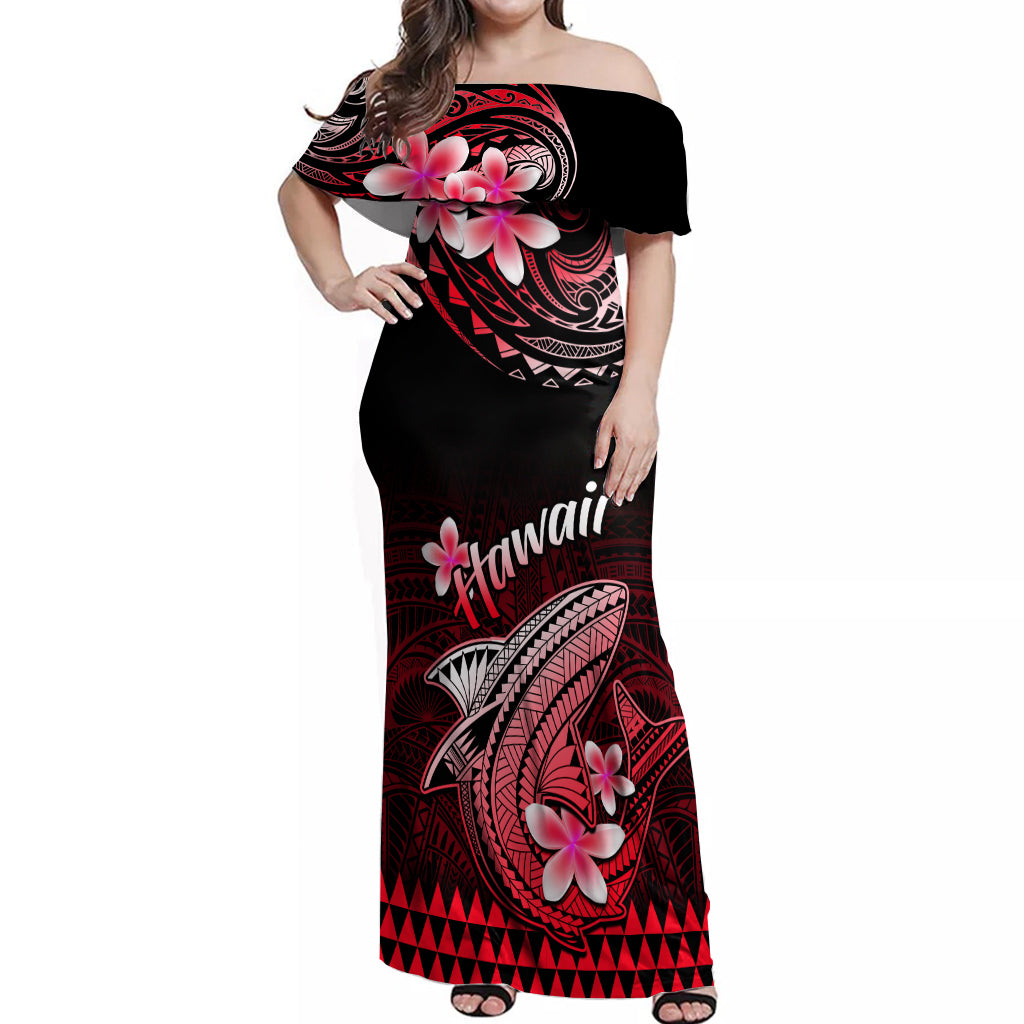 Hawaii Off Shoulder Maxi Dress Polynesian Shark with Kakau Red Version LT01 Women Red - Polynesian Pride