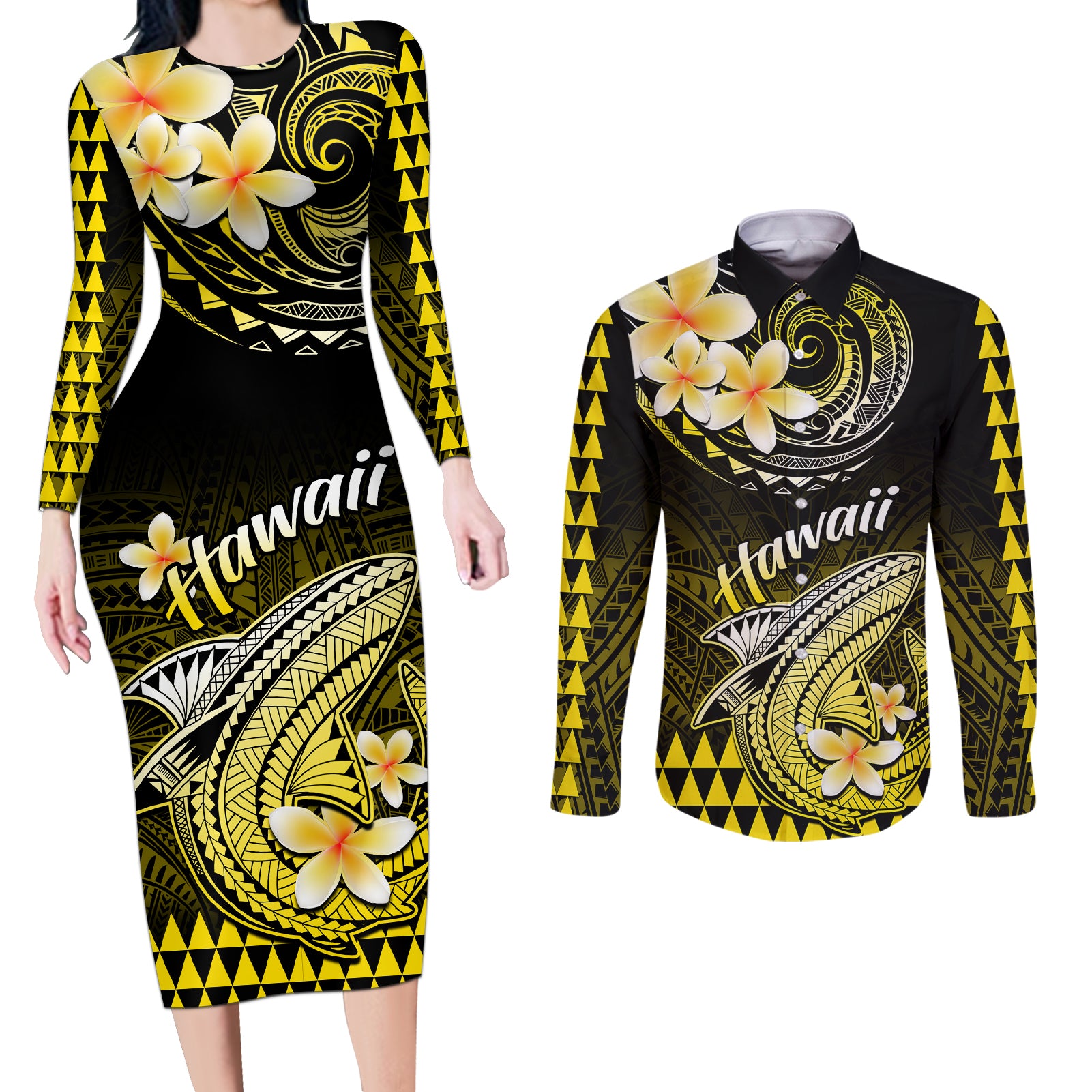 Hawaii Couples Matching Long Sleeve Bodycon Dress and Long Sleeve Button Shirts Polynesian Shark with Kakau Yellow Version LT01 Yellow - Polynesian Pride