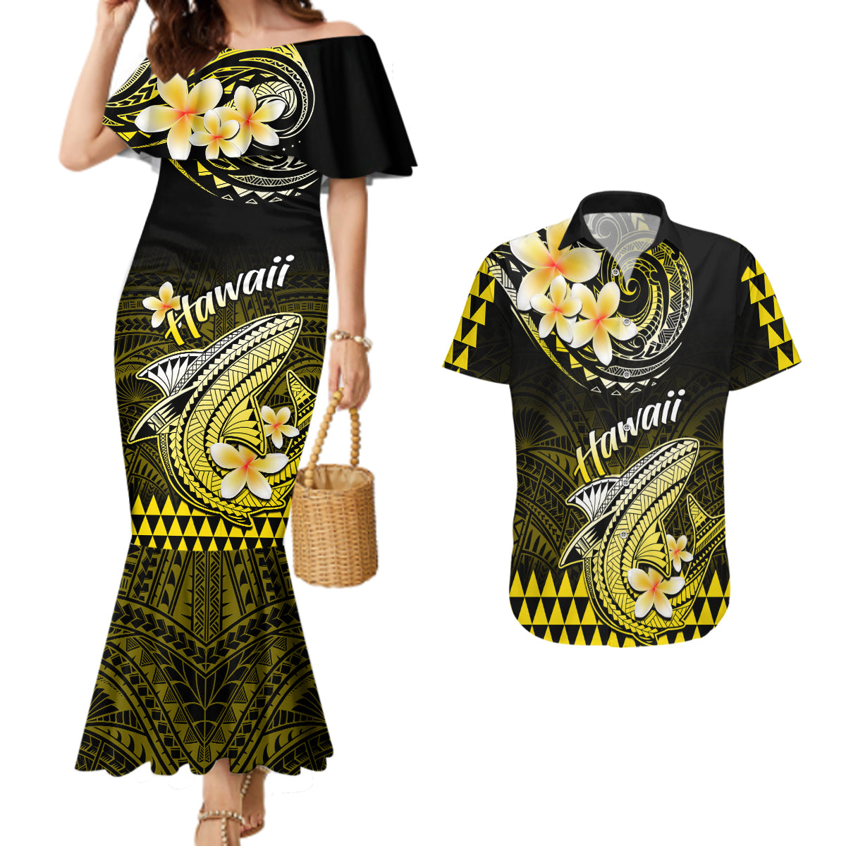 Hawaii Couples Matching Mermaid Dress and Hawaiian Shirt Polynesian Shark with Kakau Yellow Version LT01 Yellow - Polynesian Pride