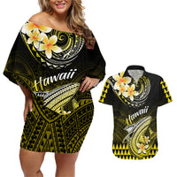 Hawaii Couples Matching Off Shoulder Short Dress and Hawaiian Shirt Polynesian Shark with Kakau Yellow Version LT01 Yellow - Polynesian Pride