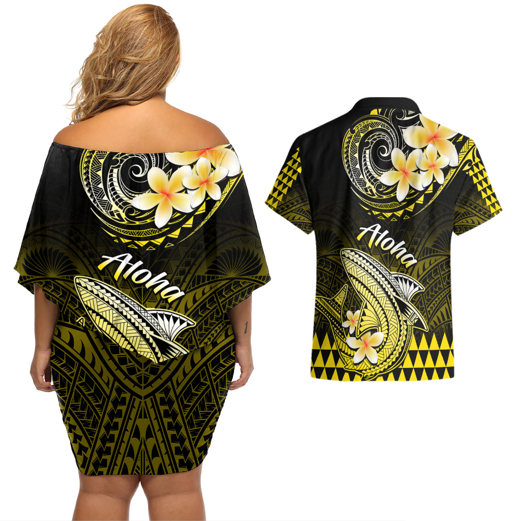 Hawaii Couples Matching Off Shoulder Short Dress and Hawaiian Shirt Polynesian Shark with Kakau Yellow Version LT01 - Polynesian Pride