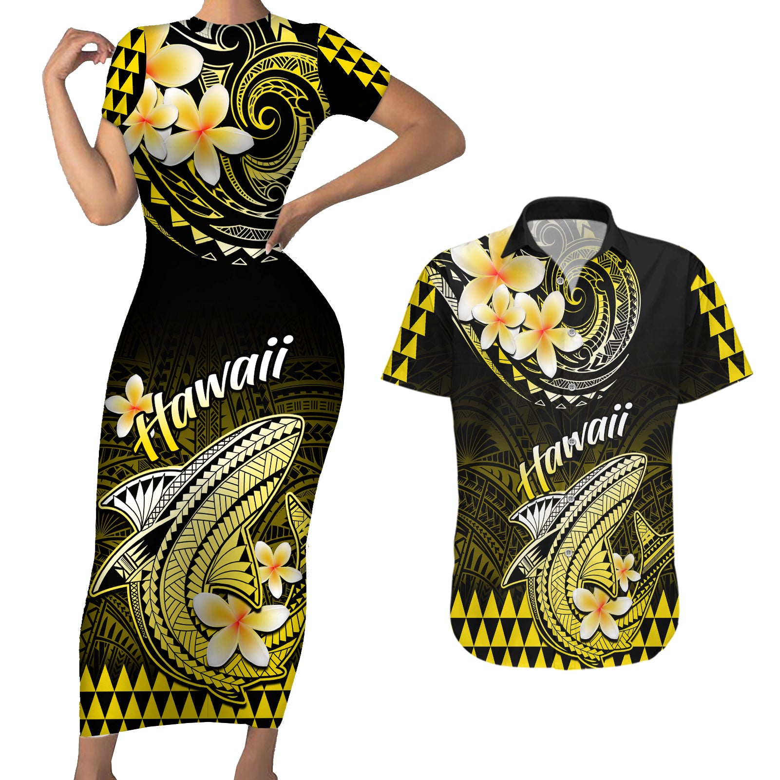 Hawaii Couples Matching Short Sleeve Bodycon Dress and Hawaiian Shirt Polynesian Shark with Kakau Yellow Version LT01 Yellow - Polynesian Pride