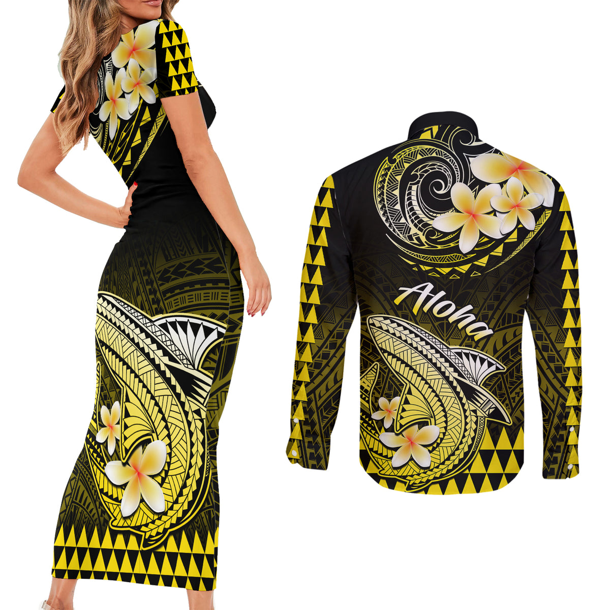 Hawaii Couples Matching Short Sleeve Bodycon Dress and Long Sleeve Button Shirts Polynesian Shark with Kakau Yellow Version LT01 - Polynesian Pride