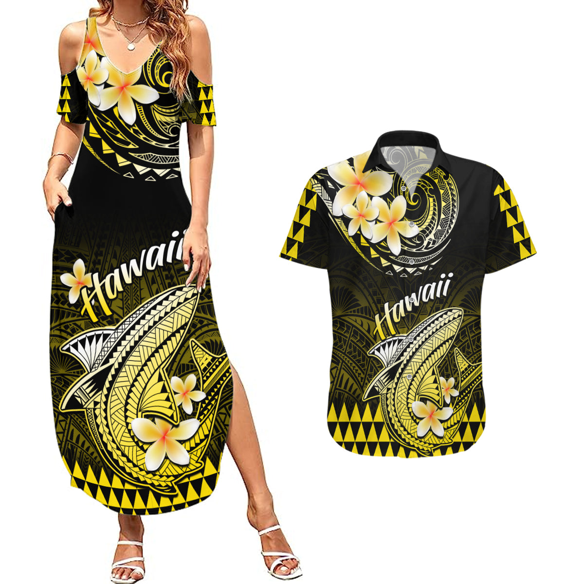 Hawaii Couples Matching Summer Maxi Dress and Hawaiian Shirt Polynesian Shark with Kakau Yellow Version LT01 Yellow - Polynesian Pride