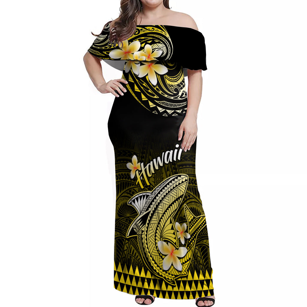 Hawaii Off Shoulder Maxi Dress Polynesian Shark with Kakau Yellow Version LT01 Women Yellow - Polynesian Pride