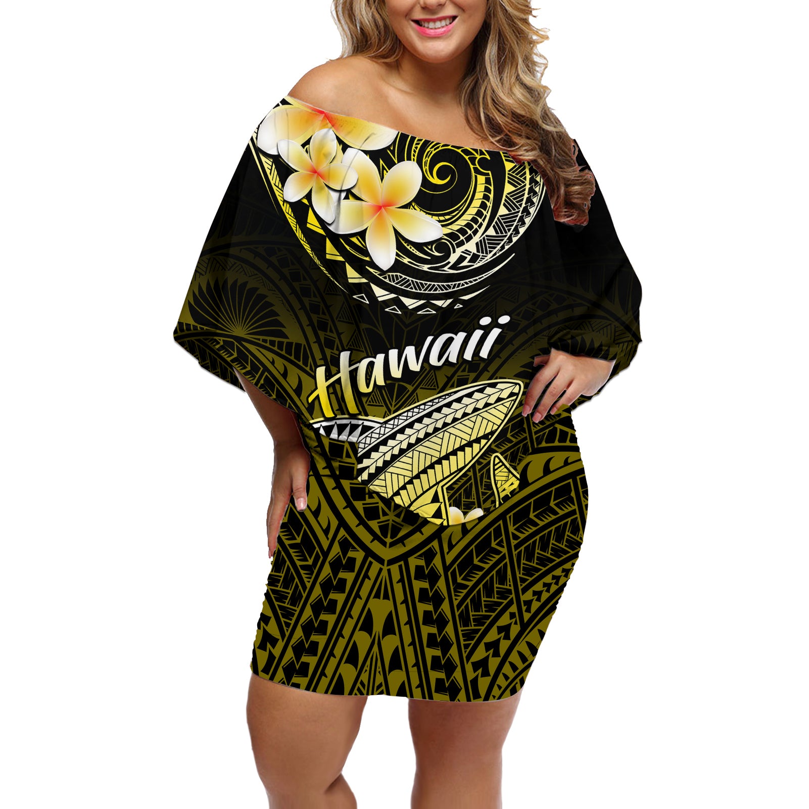 Hawaii Off Shoulder Short Dress Polynesian Shark with Kakau Yellow Version LT01 Women Yellow - Polynesian Pride