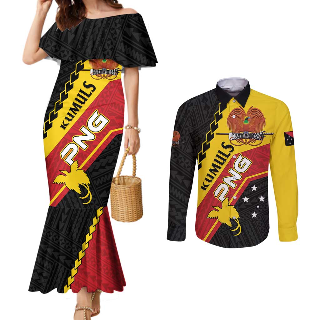 Custom PNG Couples Matching Mermaid Dress and Long Sleeve Button Shirt The Kumuls Are On A Roll LT01 Black - Polynesian Pride