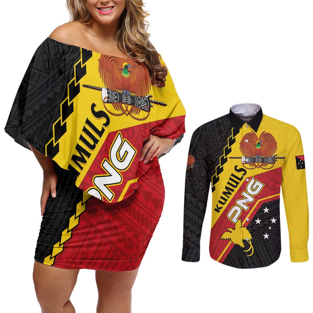 Custom PNG Couples Matching Off Shoulder Short Dress and Long Sleeve Button Shirt The Kumuls Are On A Roll LT01 Black - Polynesian Pride