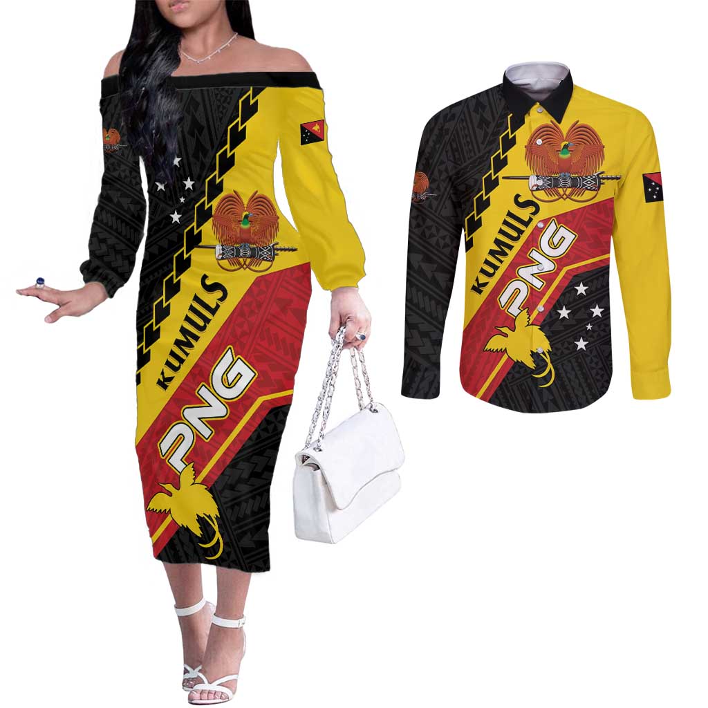 Custom PNG Couples Matching Off The Shoulder Long Sleeve Dress and Long Sleeve Button Shirt The Kumuls Are On A Roll LT01 Black - Polynesian Pride