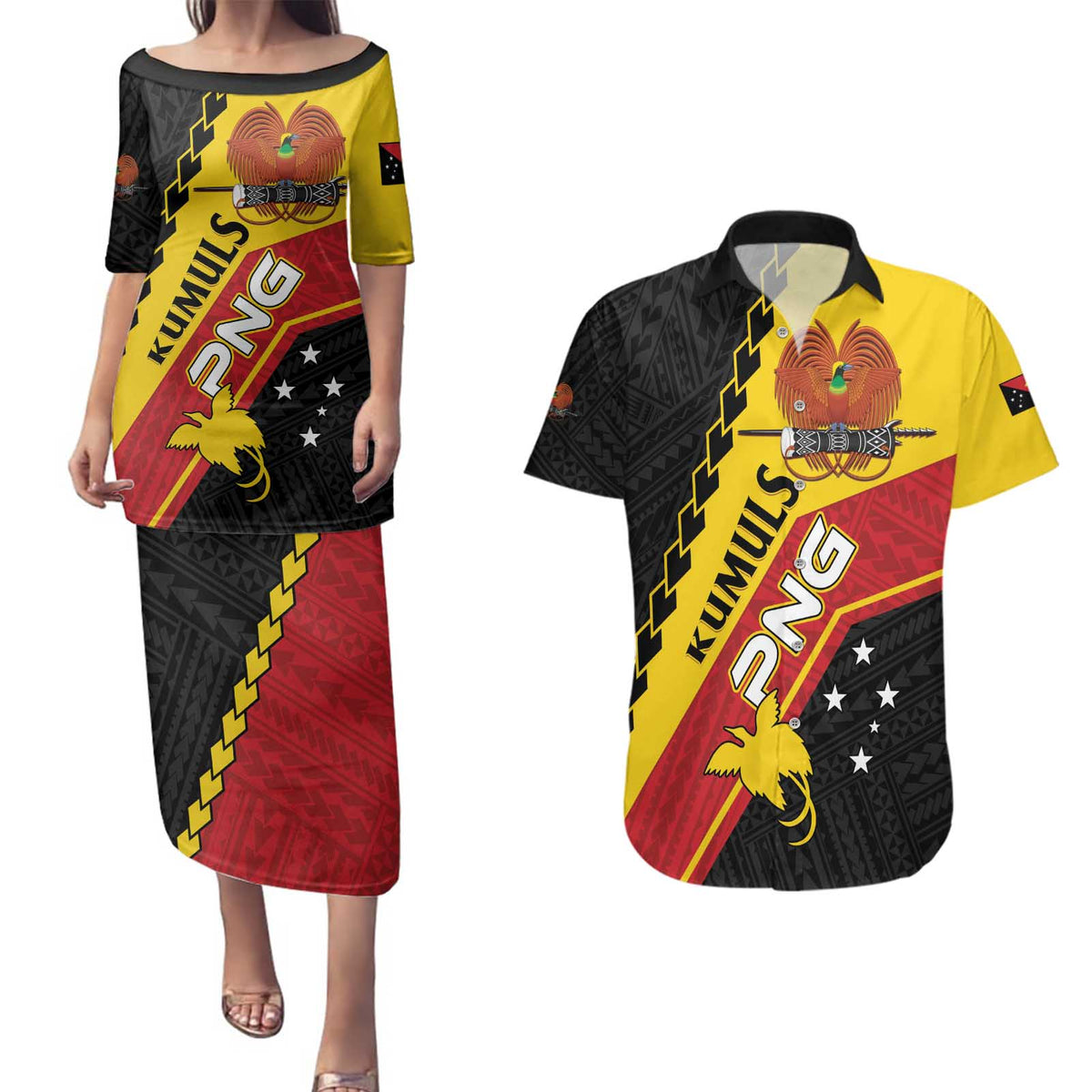 Custom PNG Couples Matching Puletasi and Hawaiian Shirt The Kumuls Are On A Roll LT01 Black - Polynesian Pride