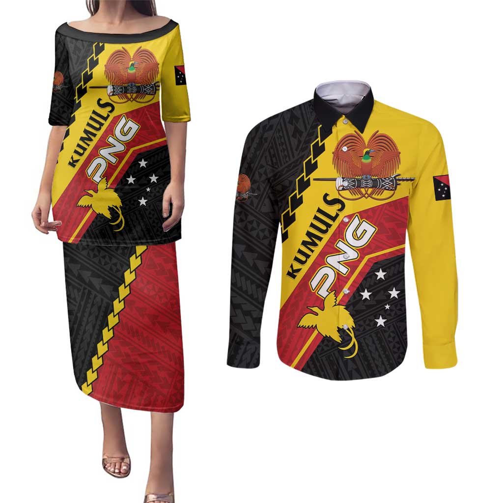 Custom PNG Couples Matching Puletasi and Long Sleeve Button Shirt The Kumuls Are On A Roll LT01 Black - Polynesian Pride