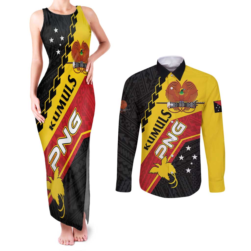 Custom PNG Couples Matching Tank Maxi Dress and Long Sleeve Button Shirt The Kumuls Are On A Roll LT01 Black - Polynesian Pride