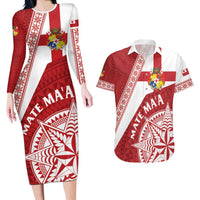 Custom Tonga Rugby Mate Maa Couples Matching Long Sleeve Bodycon Dress and Hawaiian Shirt Ngatu Pattern LT01 Red - Polynesian Pride