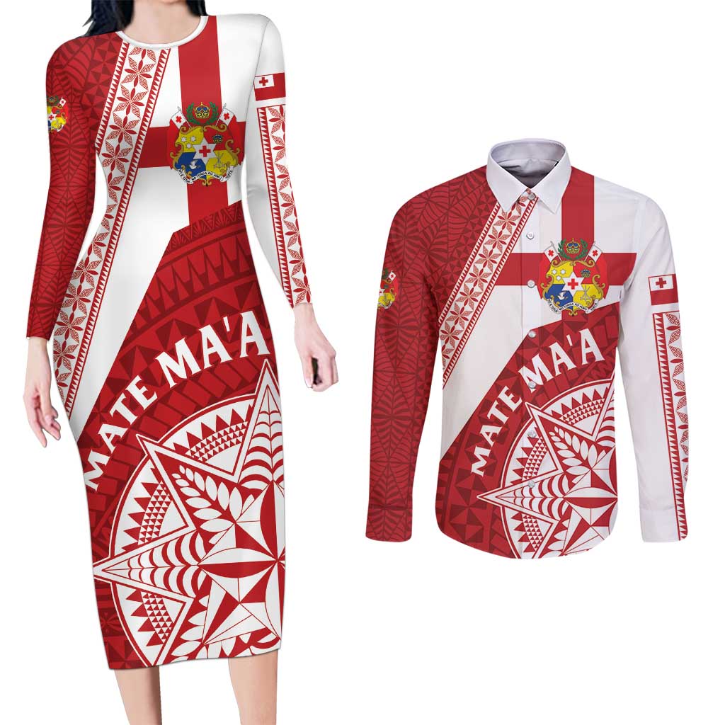 Custom Tonga Rugby Mate Maa Couples Matching Long Sleeve Bodycon Dress and Long Sleeve Button Shirt Ngatu Pattern LT01 Red - Polynesian Pride