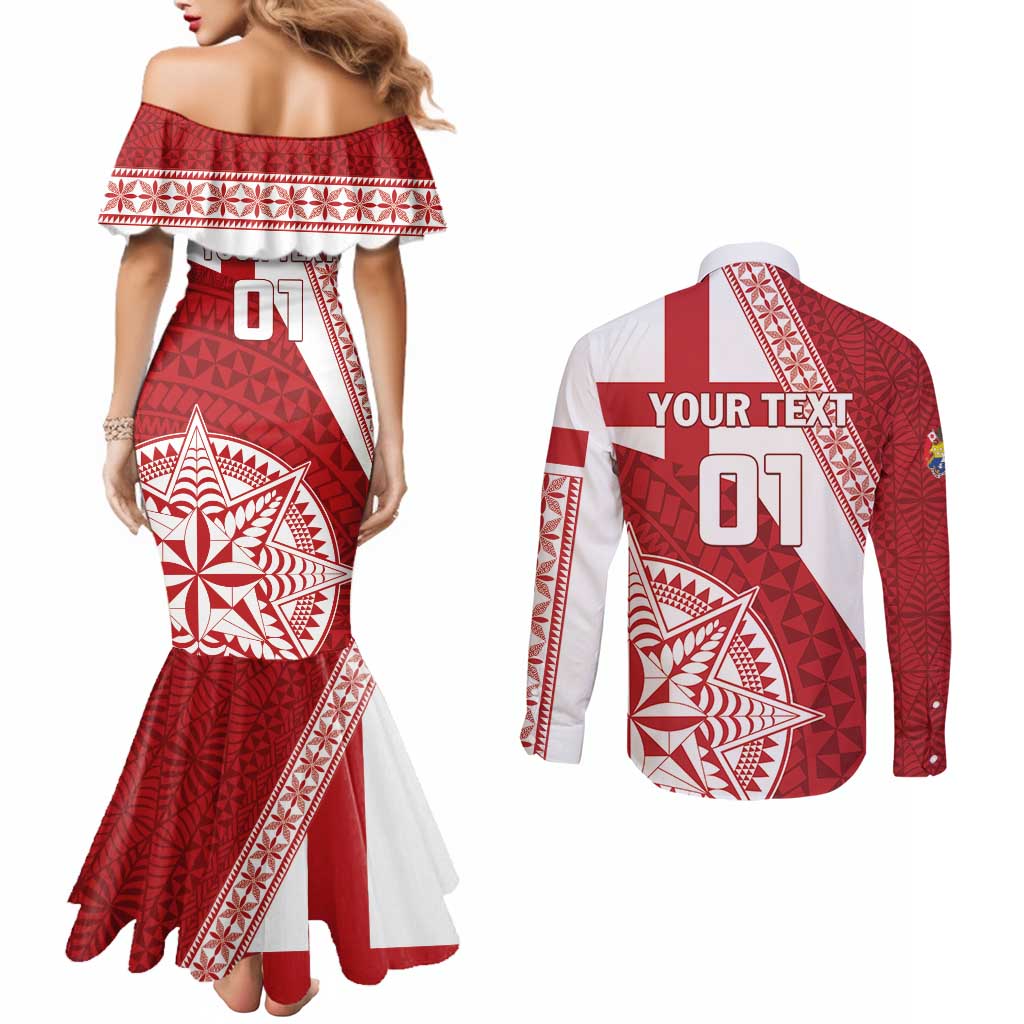 Custom Tonga Rugby Mate Maa Couples Matching Mermaid Dress and Long Sleeve Button Shirt Ngatu Pattern LT01 - Polynesian Pride