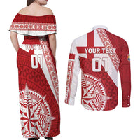 Custom Tonga Rugby Mate Maa Couples Matching Off Shoulder Maxi Dress and Long Sleeve Button Shirt Ngatu Pattern LT01 - Polynesian Pride