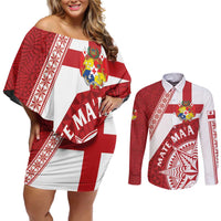 Custom Tonga Rugby Mate Maa Couples Matching Off Shoulder Short Dress and Long Sleeve Button Shirt Ngatu Pattern LT01 Red - Polynesian Pride