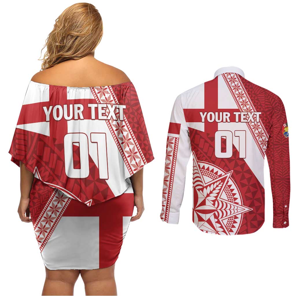 Custom Tonga Rugby Mate Maa Couples Matching Off Shoulder Short Dress and Long Sleeve Button Shirt Ngatu Pattern LT01 - Polynesian Pride